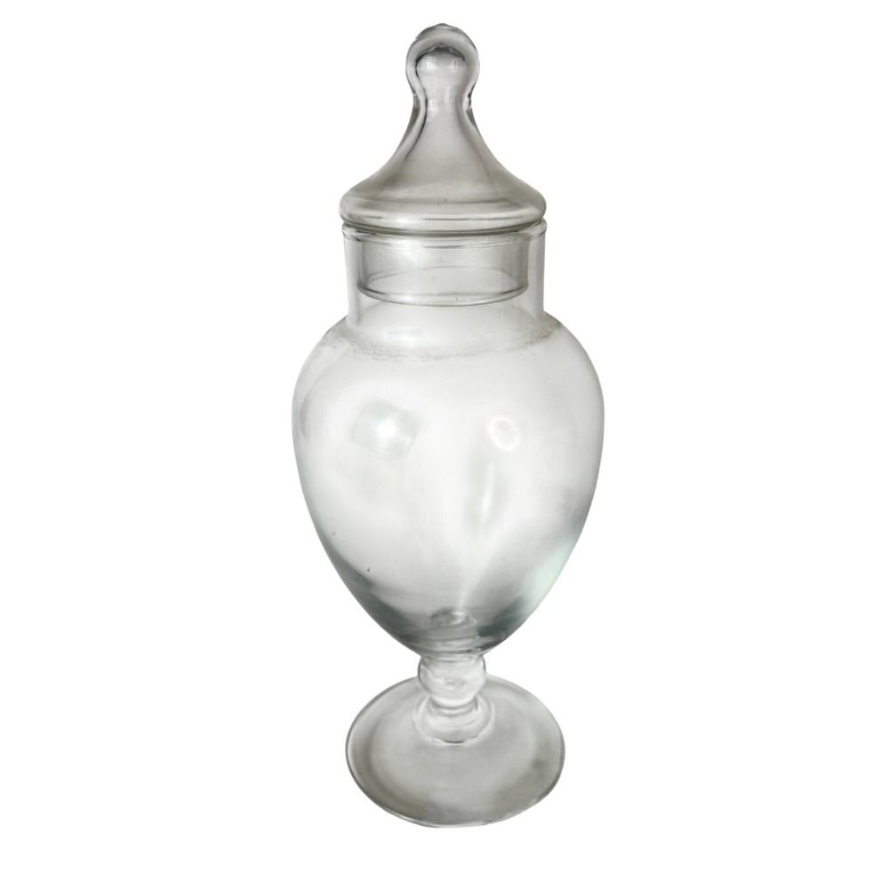 Vintage Clear Glass Footed Apothecary Jar with Lid 10 Inch Decorative Urn Vase